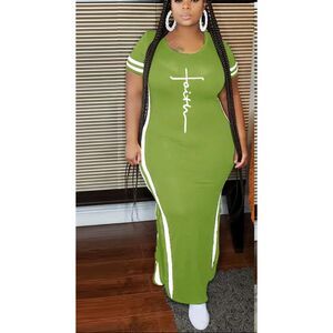PHILLY'S TREASURE WOMEN GREEN PRINTED SPLIT SHORT SLEEVE ROUND NECK DRESS